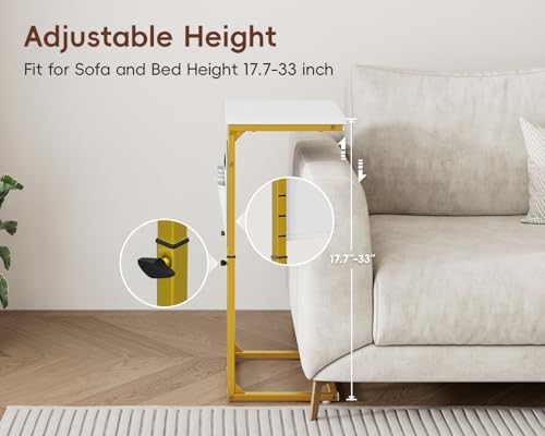 Vagusicc C-Shaped End Table with Charging Station, Small Side Table for Couch, 33" Tall C Table Adjustable Height Side Table, Couch Tables that Slide Under, Sofa Table TV Tray for Living Room, Golden - Image 5