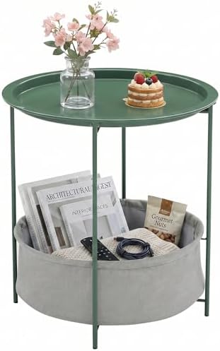VECELO Round Side/End Table with Fabric Storage Basket，Metal Anti-Rust and Waterproof Small Bedside Nightstand with Removable Tray Top for Living Room，Balcony & Laundry，Dark Green /1pcs with Basket by VECELO
