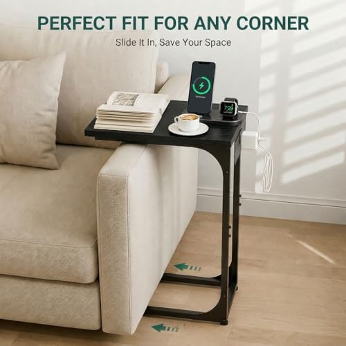 TEMI C Shaped End Table for Couch with Charging Station, Small Side Table TV Tray for Eating or Laptop, Accent Desk for Sofa or Chair, Space Saving Living Room Bedroom, Black - Image 3