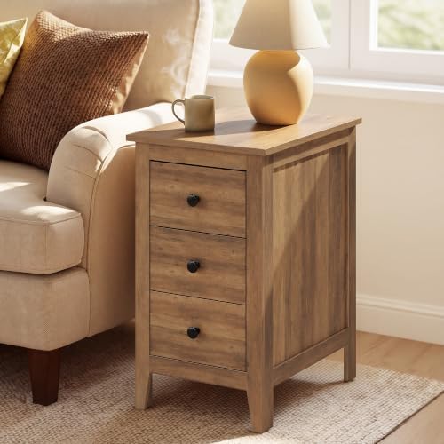 VASAGLE Side End Table with 3 Storage Drawers, Nightstand Farmhouse by VASAGLEbySONGMICSHOME