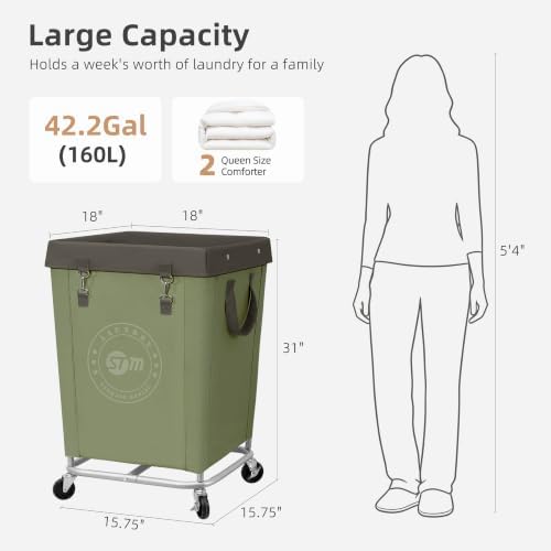 STORAGE MANIAC Commercial Laundry Hamper with Heavy Duty Steel Frame, 160 L Industrial Laundry Basket Cart with Wheels for Hotel, Home, Laundry Room, 18''L x 18''W x 31''H, Medium Green - Image 3