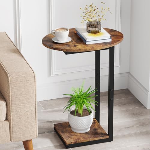 Hosfais Side Table Small End Table, C-Shaped Wood Sofa Table with Metal Frame for Living Room, Bedroom, Small Spaces (Rustic Brown) by HosfaisHome