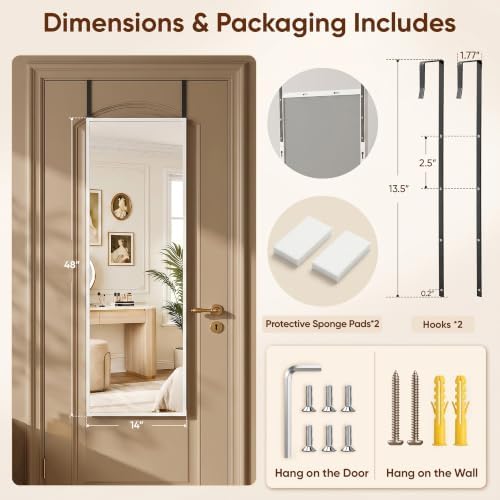 Suidia Full Length Mirror Over the Door&Wall Mounted, 48"x14" Door Mirror with Aluminum Alloy Frame, HD Shatterproof, No-Drill, Hanging Mirrors for Bedroom, Bathroom, Dorm, Closet, Rect, White - Image 5