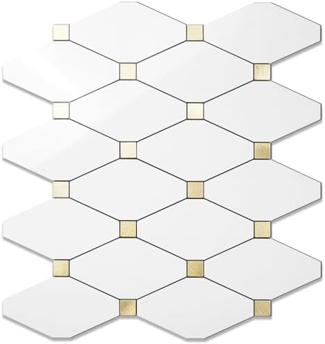 STICKGOO 1 Sheet Peel and Stick Backsplash, Glossy White PVC Mixed Metal Gold Kitchen Backsplash, Stick on Wall Tiles for Kitchen, Bathroom, RV by STICKGOO