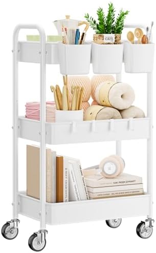 YASONIC 3 Tier Rolling Cart, Heavy Duty Metal Utility Cart with Wheel White by YASONIC