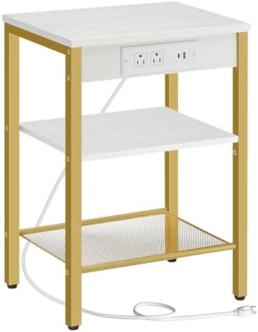 HOOBRO Side Table with Charging Station and USB Port, Small End Table for Small Space, 3-Tier Nightstand with Adjustable Shelf, for Living Room, Bedroom, White and Gold DW112BZ01G1 by HOOBRO