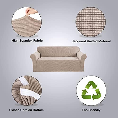 H.VERSAILTEX Stretch Sofa Covers for 3 Cushion Couch Covers Sofa Slipcovers for Living Room Feature Thick Checked Jacquard Fabric with Elastic Bottom, Sofa Large - Sand - Image 4