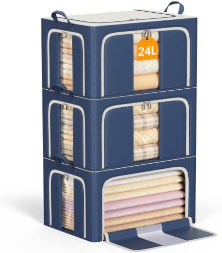 3 Openings Clothes Storage Bins with Metal Frame，24L (navy blue) by LeArex