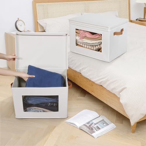 Univivi Fabric Storage Bins with Lids for Clothes 3 Pack, Beige - Image 4