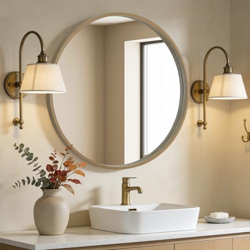 WallBeyond Round Wood Mirror, 36" Round Modern Decoration Large Circle Wall Mirror for Bathroom Living Room Bedroom Entryway, Honey - Image 2