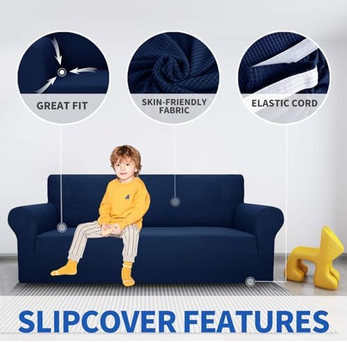 MAXIJIN Super Stretch Couch Cover for 3 Cushion Couch, 1-Piece Universal Sofa Covers Living Room Jacquard Spandex Furniture Protector Dogs Pet Friendly Fitted (Large, Navy Blue) - Image 3