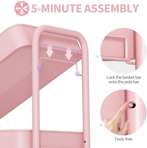 TOOLF 4 Tier Rolling Cart, Metal Utility Storage Cart with Pegboard, Pink | 2 Bins & 4 Hooks, Screwless Assembly, Lockable Wheels, Trolley Organizer for Bathroom, Kitchen, Office, Dorm, Craft Room - Image 5