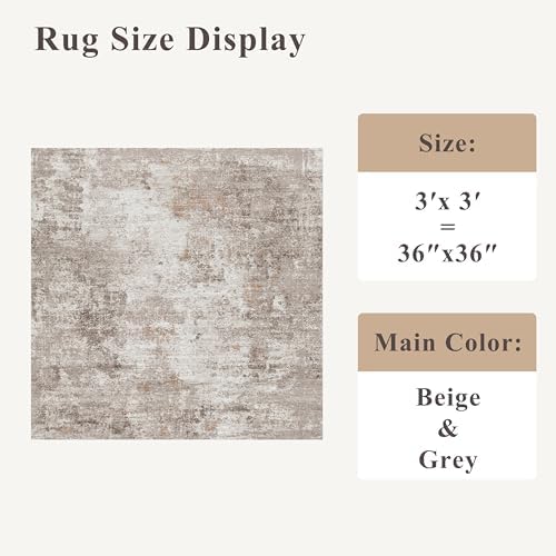 3x3 Square Entryway Rug Washable – Non-Slip Small Area Rug for Kitchen or Bathroom, Soft Low-Pile Indoor Mat, Modern Abstract Thin Door Carpet (Beige Grey) - Image 2