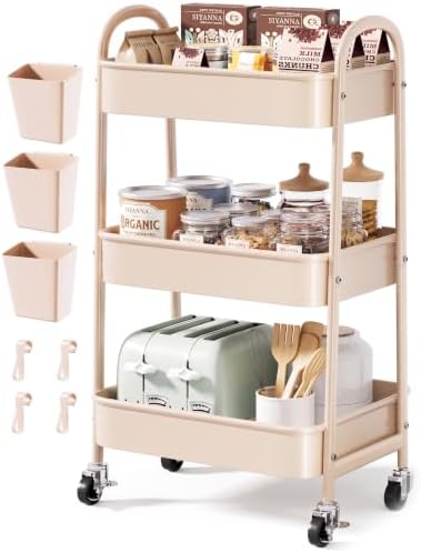Beige 3 Tier Rolling Cart Metal with Wheels,Tan Three Tiered Bedside Carts by Unknown