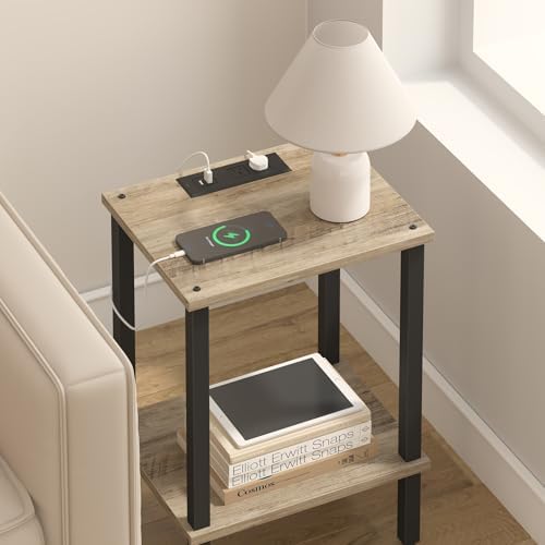 TUTOTAK End Table with Charging Station, Small Side Table with Outlets, Nightstand Bedside Table, 2-Tier Storage Shelf for Small Space, Living Room, Bedroom, Greige TB01BG040 - Image 3