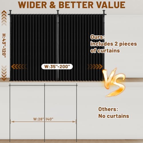 AJAZZ Room Divider Curtain (2 Panels, Black, W100 x L84 in)+ Tension Curtain Rod No Drilling (H) 43-120×(W) 35-200 in, for Privacy/Soundproof Curtains, Heavy Duty Wall Separator - Image 2