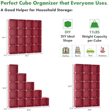 C&AHOME 16 Cube Storage Organizer Cube Shelves Units Storage Cubes, Red - Image 2