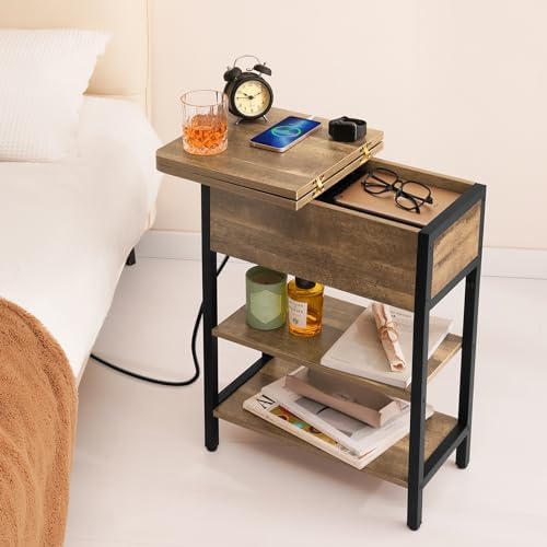 Yoobure End Table with Charging Station, Flip Top Side Table with USB Ports and Outlets, Sofa Couch Table Bedside Table for Living Room Bedroom, Narrow Nightstand with Storage Shelves for Small Space - Image 6