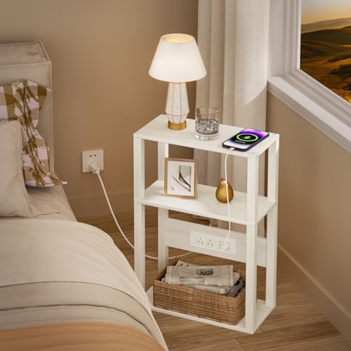 YUFAM 3-Tier Narrow Bedside Table with Charging Station, Skinny Nightstand - Image 5