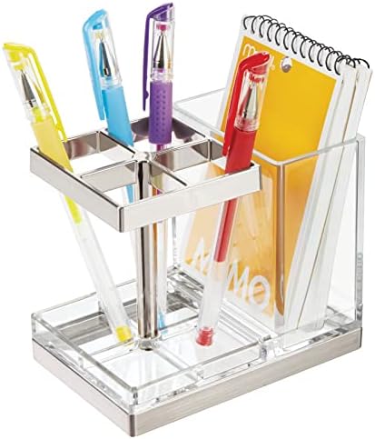 mDesign Plastic Toothbrush and Toothpaste Storage Organizer Holder - Home Decor for Bathroom Countertop - Holds Toiletries and Beauty Accessories - Lumiere Collection - Clear/Brushed - Image 6
