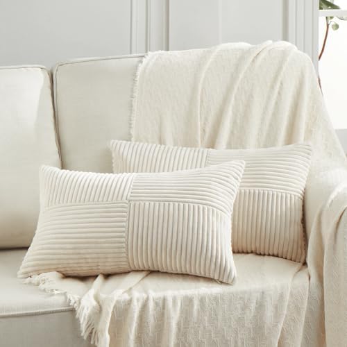 Fancy Homi 2 Packs Cream Lumbar Decorative Throw Pillow Covers 12x20 Inch for Living Room Couch Bed Sofa, Rustic Farmhouse Boho Home Decor, Soft Striped Corduroy Rectangle Accent Cushion Case 30x50 cm by Fancy+Homi