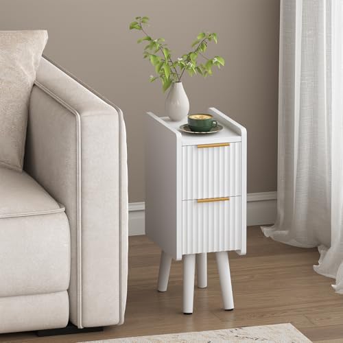 ELYKEN 7.9" Fluted Narrow Nightstand, 20.6" H Skinny Side Table, White by ELYKEN