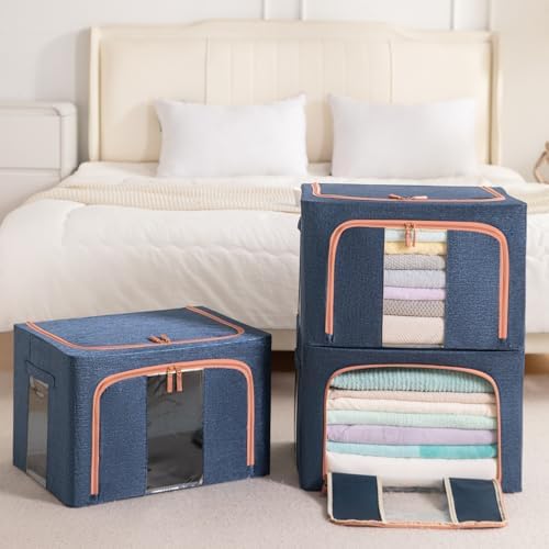 GuliPostan 3 Pack 24L Stackable Clothes Storage Bins with Metal Frame Handles & Zipper, Collapsible Closet Organizer Box with Lid for Bedding Blankets Towel (Navy) - Image 6