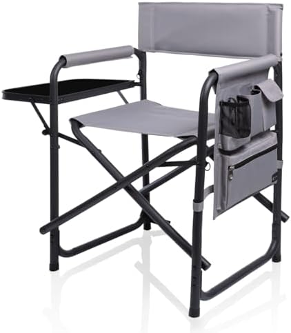 Picnic TIME Sports Chair with Side Table and Armrest Caddy, Lightweight Aluminum Folding Outdoor Camping Chair for Adults, Portable Director Style Lawn Seating with Pockets & Carry Strap, (Gray) by PicnicTimeFamilyofBrands
