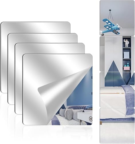 4 Pack Acrylic Mirrors for Wall,14 x 14 Inch Self Adhesive Frameless Small Mirror Tiles, Flexible Plastic Mirror Sheets for Bedroom Home Gym Door (14 * 14 inch) by Unknown