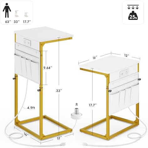Vagusicc C-Shaped End Table with Charging Station, Small Side Table for Couch, 33" Tall C Table Adjustable Height Side Table, Couch Tables that Slide Under, Sofa Table TV Tray for Living Room, Golden - Image 3