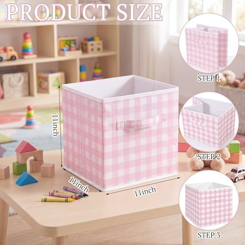Yalikop 6 Pcs Pink Gingham Cube Storage Bins, 11 Inch Fabric Checkered Classroom Storage Bins Organizer with Handle Preppy Collapsible Cubby Basket for Classroom Home Nursery Playroom Bedroom - Image 2