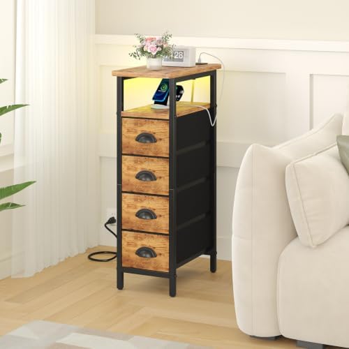 sthmec Side Table with Charging Station, Narrow End Table with 4 Drawers, LED Nightstands with Fabric Drawers,Slim Sofa Couch Side Tables for Small Spaces,Living Room,Bedroom,Rustics Brown - Image 2
