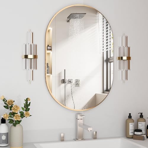 Oval Bathroom Mirror Capsule Wall Vanity Mirror, 20"x30" Pill Mirrors Wall Mounted Mirror, Large Modern Mirror with Gold Metal Frame, Decor for Entryway, Bedroom, Living Room by NEUWEABY