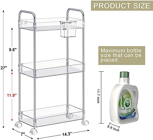 SPACEKEEPER 3 Tier Acrylic Storage Rolling Cart Clear Bathroom Cart Organizer, Transparency Laundry Room Organization Mobile Shelving Unit Multifunction Rolling Utility Cart for Office Living Room - Image 2