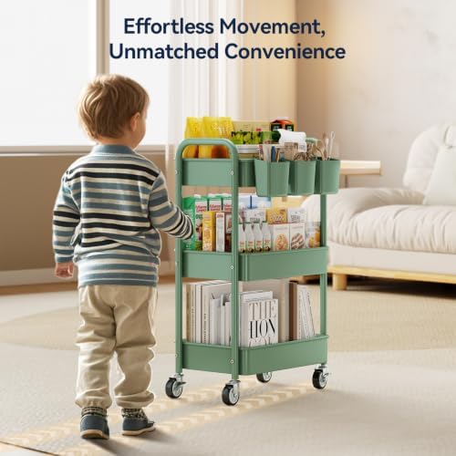YASONIC 3-Tier Rolling Cart, Green, 66 Pounds Capacity, Mesh Storage Organizer with Lockable Wheels, 3 Hanging Cups, 4 Hooks, Easy Assembly, for Kitchen, Bathroom, Laundry, Grocery - Image 3