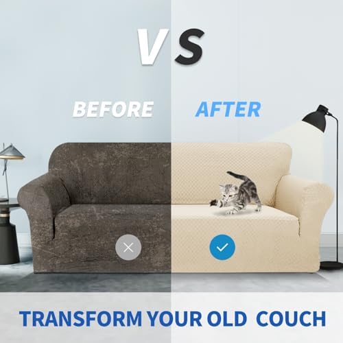 ZNSAYOTX 1 Piece Jacquard Couch Covers for 2 Cushion Couch High Stretch Loveseat Slipcover for Pets Dogs Anti Slip Love Seat Sofa Slipcover Furniture Protector (Loveseat, Light Beige) - Image 5