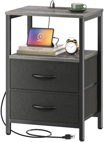 Huuger Nightstand with Charging Station, Side Table with Fabric Drawers, End Table with Open Shelf, Bedside Table with USB Ports and Outlets, Night Stand for Bedroom, Charcoal Gray by Huuger