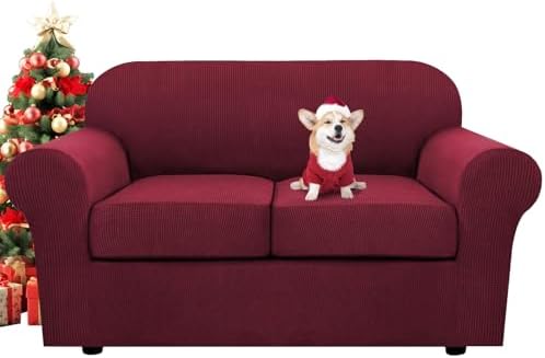 H.VERSAILTEX 3 Piece Stretch Sofa Covers for 2 Cushion Loveseat Couch Covers for Living Room Furniture Cover (Base Cover Plus 2 Seat Cushion Covers) Thicker Jacquard Fabric(Medium Sofa, Burgundy) by HVERSAILTEX