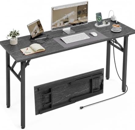 XBurmo Small Folding Desk Folding Table, No Assembly Foldable Desk Gaming Desk, 55.1-Inch Computer Table Workstation with 2 AC Outlets and 2 USB Ports for Bedroom and Home Office, Marble Greige by XBurmo