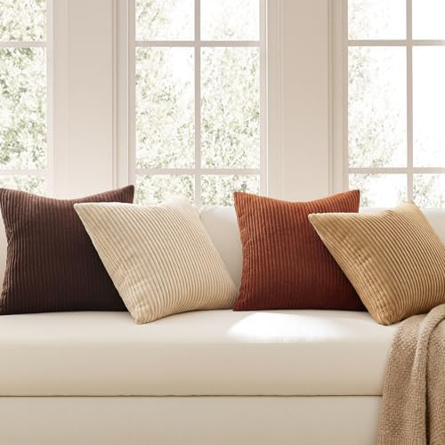 Topfinel Beige Brown Throw Pillow Covers Rustic Modern Soft Corduroy Striped Decorative Cushion Cover 16x16 Inch Gradient Farmhouse Pillow Case Set of 4 for Sofa Couch Living Room Bedroom - Image 2