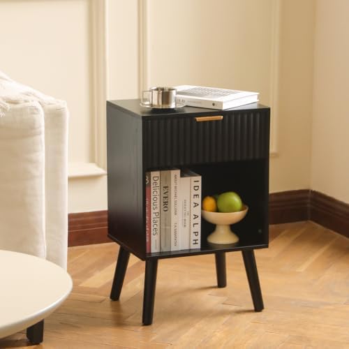 Fultyle Fluted Black Nightstand with Charging Station, Modern Bedside Table - Image 2
