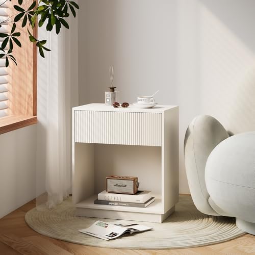 Fluted Nightstands Set of 2, Modern Bedside Table with Storage Drawer and Open Wood Shelf, Wood End Table Mid Century Night Stands for Bedroom Living Room Sofa Couch Office White - Image 6