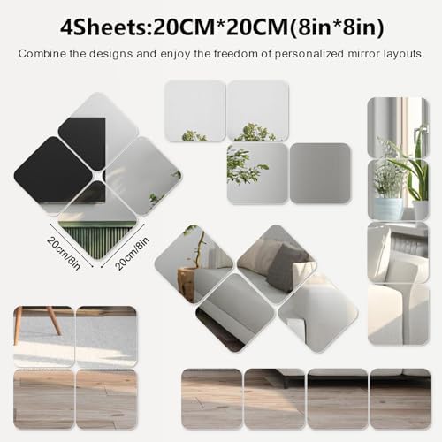 Shiftshade Wall Stickers - Unbreakable Self-Adhesive Mirror Tiles for Bedroom, Home, Gym, Door - Acrylic Shatterproof Sheets, Panels (8x8 Inch, 4 Pcs) - Image 2