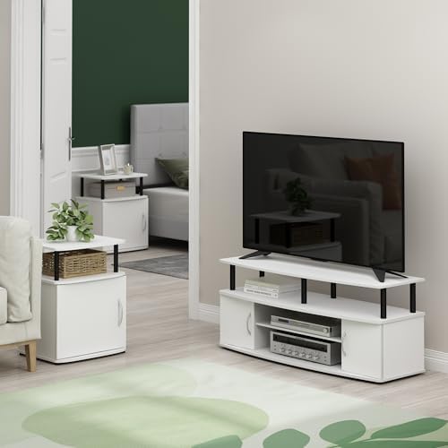 Furinno Jaya Side Table Set of 2, 2-Tier Open Shelf End Table with Door Cabinet, Soft-Edges Night Stand, Bedside Table, for Living Room, Bedroom, White - Image 4