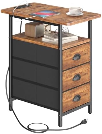sthmec End Table with Charging Station, Side Tables Livingroom with USB Ports and Outlets,Narrow Nightstands Bedside Tables with 3 Drawers for Small Space,Slim Sofa Table Bedroom,Rustic Brown by Unknown