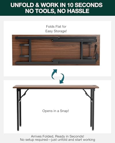 Frylr Small Folding Computer Desk – 55.1 Inch Portable Table for Craft and Study, Lightweight Desk for Small Spaces, Foldable Laptop Table Built-in AC/USB Outlets for Convenience, Dark Walnut - Image 3