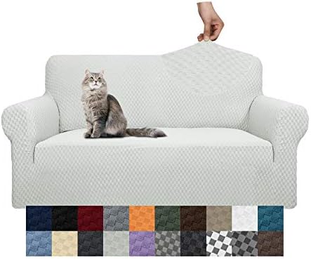 YEMYHOM Couch Cover Latest Jacquard Design High Stretch Sofa Covers for 2 Cushion Couch, Pet Dog Cat Proof Loveseat Slipcover Non Slip Magic Elastic Furniture Protector (Medium, Ivory) by YEMYHOM