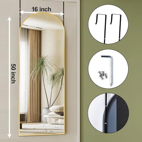 DMWOODFL Arched Over The Door Mirror 50x16 Full Length Hanging Mirror with Adjustable Height, Space-Saving, Shatterproof Tempered Glass & Aluminum Alloy Frame for Bedroom, Dorm, Entryway, Gold - Image 2