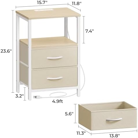 Huuger Nightstand with Charging Station, Side Table with Fabric Drawers - Image 2