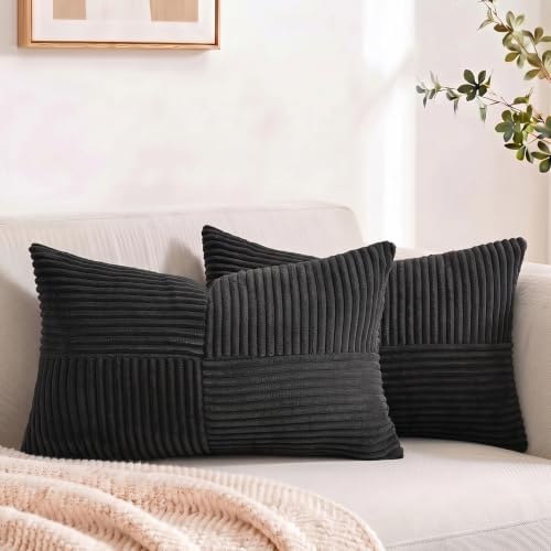 Fancy Homi 2 Packs Black Lumbar Decorative Throw Pillow Covers 12x20 Inch for Living Room Couch Bed Sofa, Rustic Farmhouse Boho Home Decor, Soft Striped Corduroy Rectangle Accent Cushion Case 30x50 cm by Fancy+Homi
